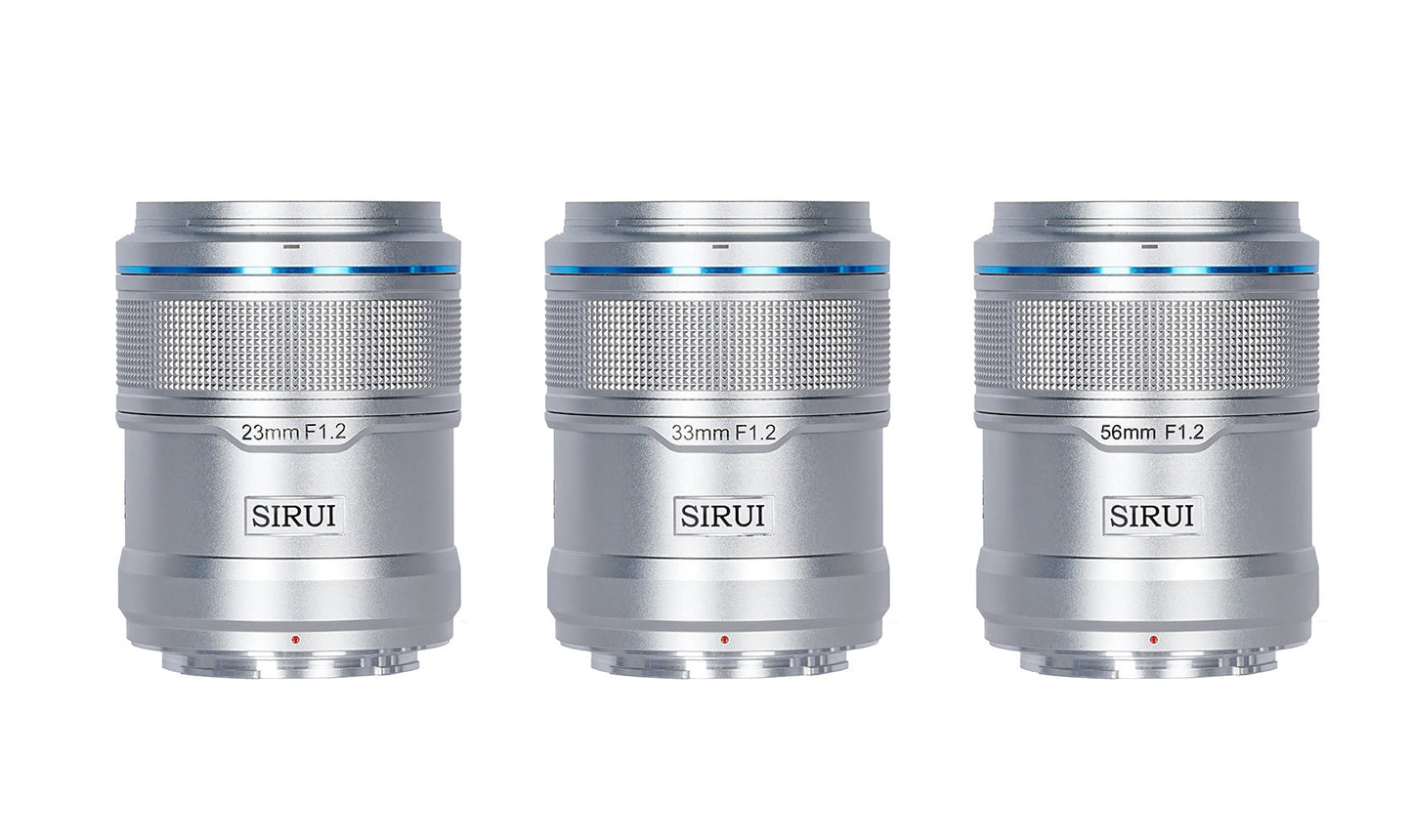 f1.2 sirui sniper lens, aps-c frame autofocus lens 3 set in silver ??23mm????????¡§???|33mm????????¡§???|56mm???????¡§???o?