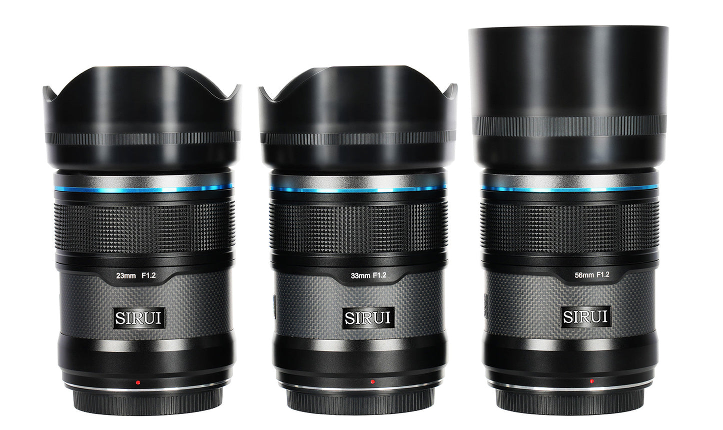 f1.2 sirui sniper lens, aps-c frame autofocus lens 3 set in black with detach lens hoods.