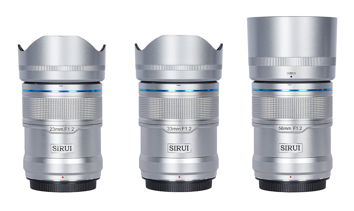 f1.2 sirui sniper lens, aps-c frame autofocus lens 3 set in silver with detach lens hoods.