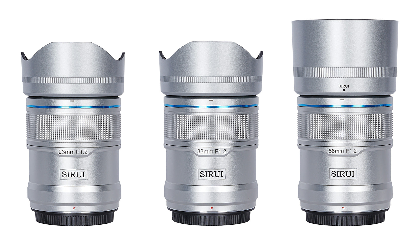f1.2 sirui sniper lens, aps-c frame autofocus lens 3 set in silver with detach lens hoods.